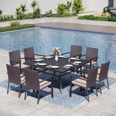 Captiva Designs 9pc Spacious Slat-top Square Metal Table with Umbrella Hole & Armrest Rattan Chairs with Beige Cushions