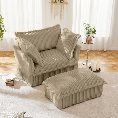 SKRAN 49" Armchair with Ottoman,Upholstered Comfy Corduroy Lounge Chair with 2 Large Soft Pillows,for Living Room Bedroom(Camel,1 Seat + 1 Ottoman)