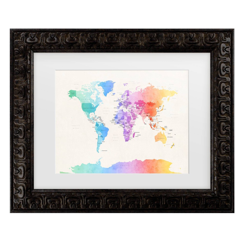 Trademark Fine Art 16"x20" Michael Tompsett Watercolor Political World Map Matted Framed Art Dark Gold