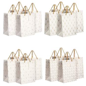 Sparkle and Bash 16-Pack White and Gold Gift Bags with Handles & Tags for Weddings Baby Bridal Showers Birthdays, 4 Geometric Foil Designs, 10x8x4.5In