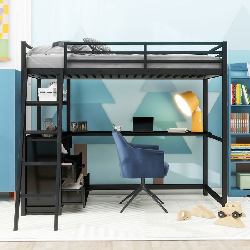 Twin Size Metal Loft Bed with Desk, Shelves and Two Built-in Drawers - ModernLuxe, 2 of 12