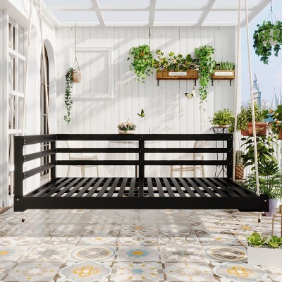 Twin Size Acacia Wood Garden Porch Swing Bed,Wooden Outdoor Patio Hammock Swing Chair with Ropes,2 Seater Hanging Garden Patio Chair-Coolbibila
