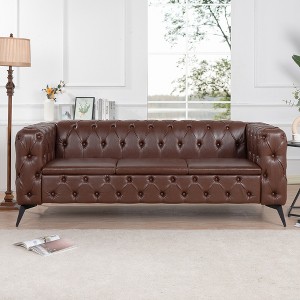 84.06" PU Leather Square Arm 3-Seater Sofa with Removable Cushion and Iron Legs - 1 of 4