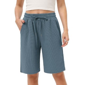 Women's Bermuda Shorts with Zipper Pockets Casual Summer Drawstring Jersey Shorts Elastic Waist Comfy Waffle Shorts - 1 of 4