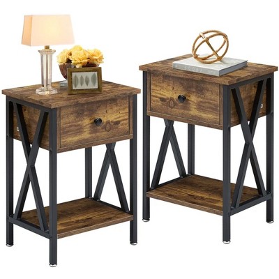 VECELO Nightstands X-Design Side End Table with Drawer, Wooden Nightstands Storage Shelf for Living Room, Bedroom