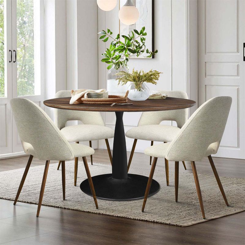 Harold+Edwin 5-Piece Walnut Foil  Round Top Pedestal Dining Table Set with 4 Upholstered Chairs Walnut Legs -The Pop Maison, 1 of 10