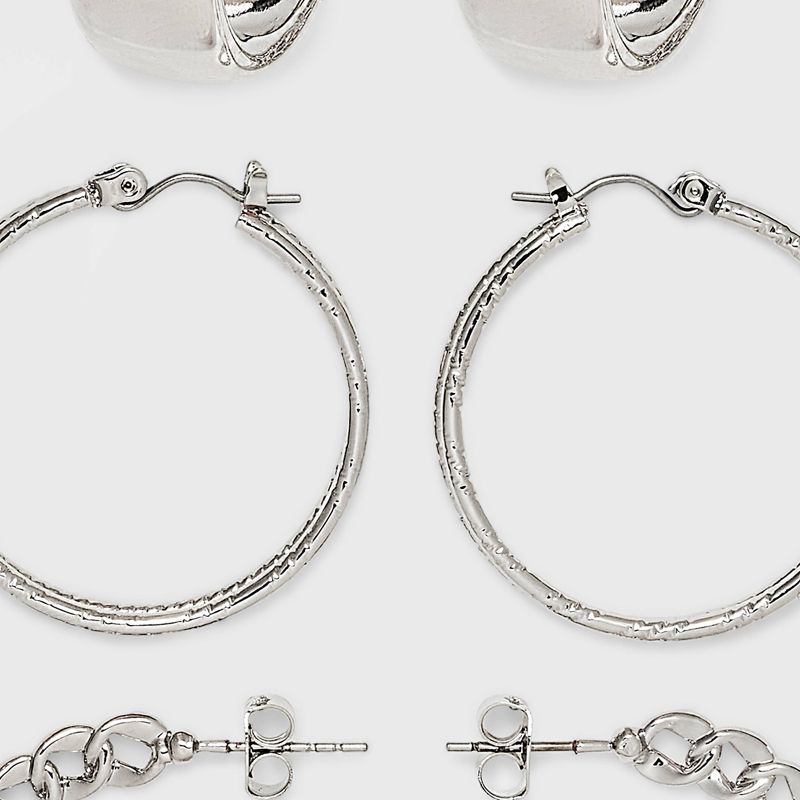 Frozen Chain and Chunky Hoop Earring Set 3pc - Wild Fable&#8482; Silver, 4 of 5