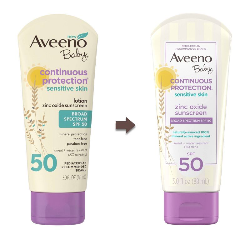 Aveeno Baby Continuous Protection Sensitive - Zinc Oxide with Broad Spectrum Skin Lotion Sunscreen - SPF 50 - 3 fl oz, 4 of 9