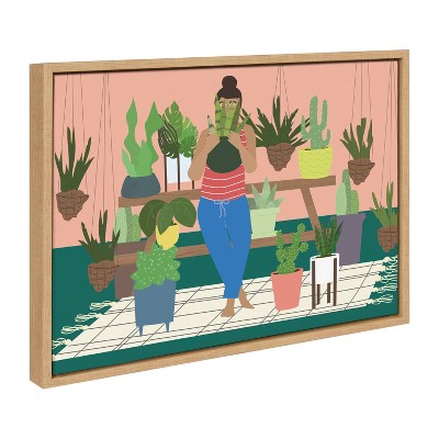 Sylvie Plant Lady Framed Canvas Art in Natural Wood Frame