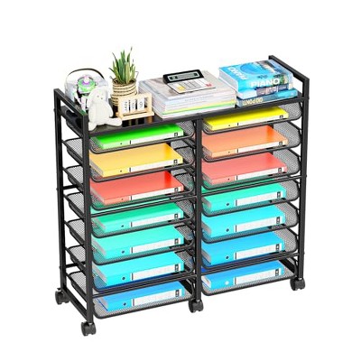 Simple Trending Rolling File Storage Cart, 15-Tier Metal Desk File Organizer with 14 Mesh Sliding Trays, Multi-Functional Clutter Cart, Black