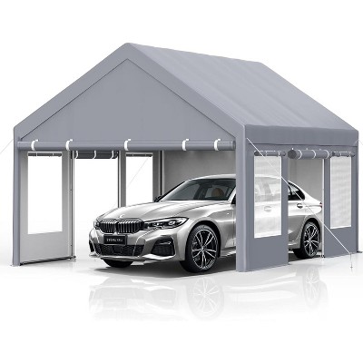 Carport, Portable Garage - 13x20 ft Heavy Duty Galvanized Steel Canopy with All-Season Cover, 4 Roll-Up Doors & Windows (Grey)