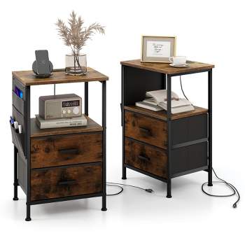 Tangkula 2PCS Nightstand with Charging Station Industrial Bedside Table w/ 2 Drawers