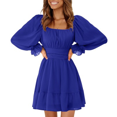 EXLURA Women's 2025 Casual Long Lantern Sleeve Dresses Square Neck Ruffle Tie Back Elastic Waist Aline Short Mini Dress