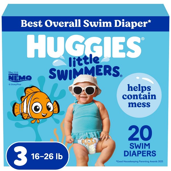 A pack of Huggies Little Swimmers disposable swim pants