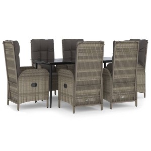 vidaXL Black and Gray Poly Rattan Patio Dining Set with Cushions - 7-Piece, Reclining Chairs, Tempered Glass Table, Weather-Resistant - 1 of 4