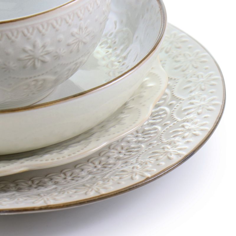 Elama Countess 16 Piece Embossed Double Bowl Stoneware Dinnerware Set in Ivory, 4 of 11