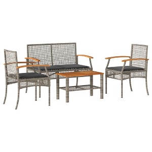 vidaXL Patio Lounge Set - 4 Piece Gray Poly Rattan Outdoor Loveseat with Cushions and Acacia Wood Table for Garden, Backyard, Terrace - 1 of 4