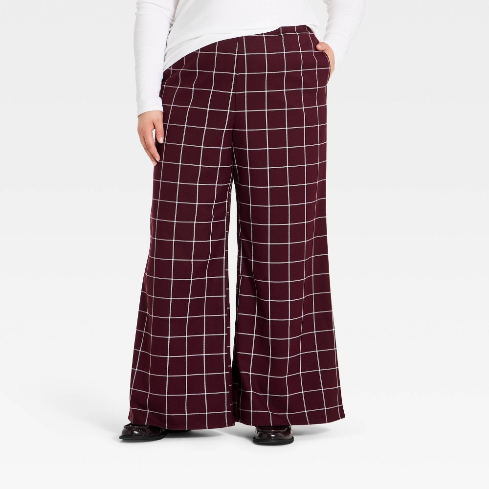Women's Modern Wide Leg Pull-On Pants - A New Day™ Burgundy Plaid 3X