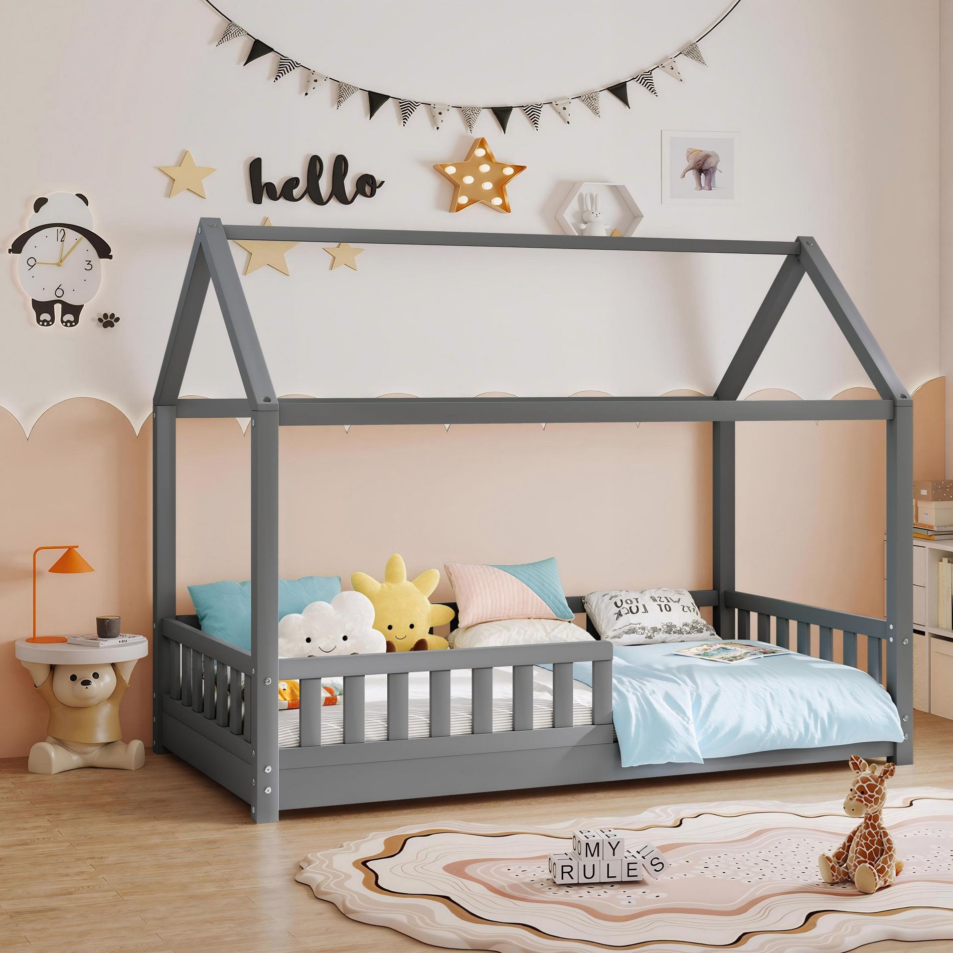 AMERLIFE Twin Size House Bed for Kids with Guardrails, Removable Rails, Playhouse Roof, Montessori Wooden Floor Bed Frame, Easy Assembly