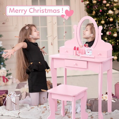 Girls' Vanity Set with Mirror, Makeup Table and Stool for Kids