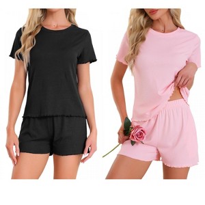 INSPIRE CHIC Women's 4 Pcs Ribbed Knit Soft Short-Sleeve Top & Shorts Ruffled Lounge Pajama Set with Pocket - 1 of 4