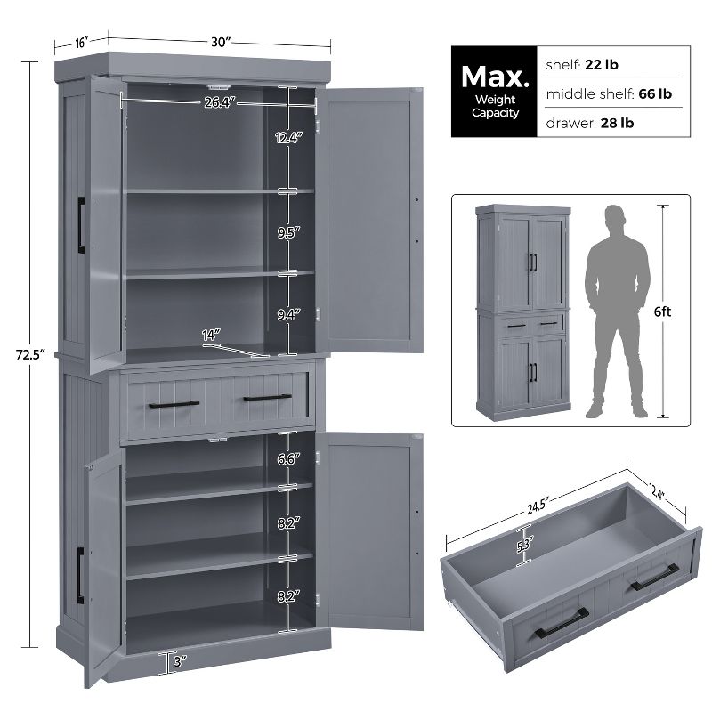 Yaheetech 72.5"H Kitchen Pantry Cabinet with Doors and Adjustable Shelves, Dark Gray, 3 of 8