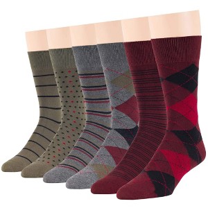 Men Cotton Patterned Dress Sock - 6 Pack - Argyle, Stripe, Dot - Shoe Size 9-12 L - Black, Brown, Navy, Blue | 7BIGSTARS KINGDOM - 1 of 1