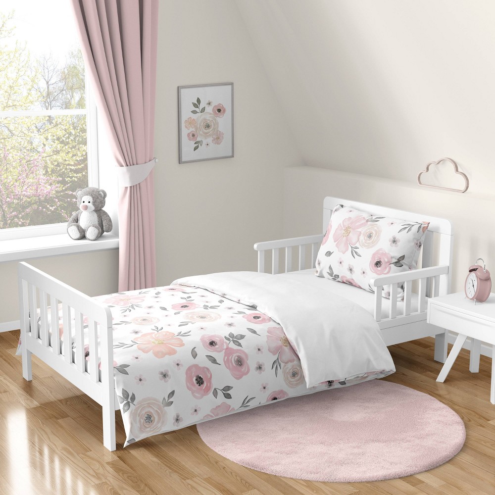 Photos - Duvet 5pc Watercolor Floral Toddler Kids' Bedding Set Pink and Gray - Sweet Jojo