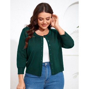 YESFASHION Women Plus Size Cardigan Round Neck Button Down 3/4 Sleeve Top Solid Casual Cardigan - 1 of 4
