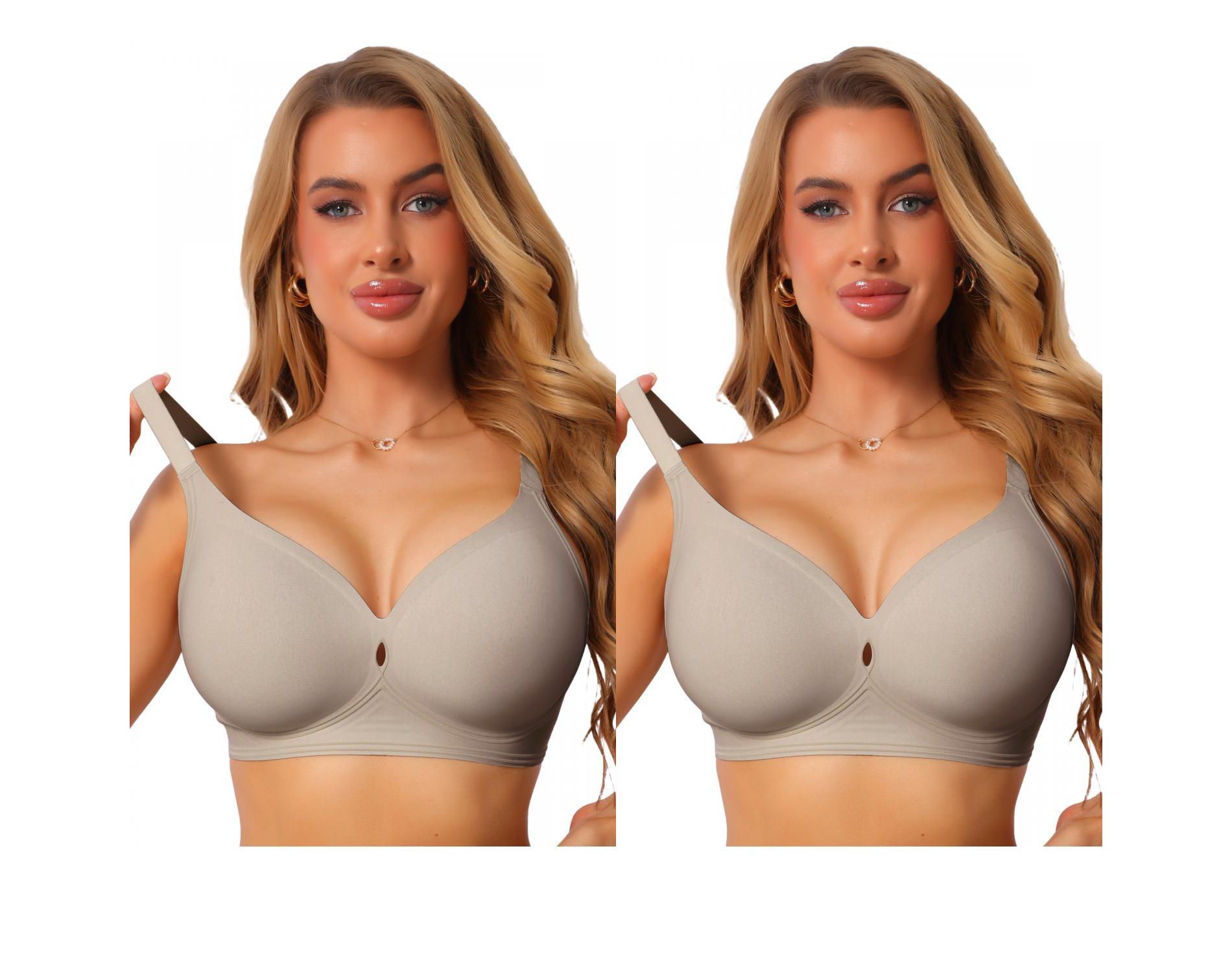 INSPIRE CHIC Women's Deep V Wide Straps Push Up Soft Support Seamless Wireless Breathable Lingerie Bra 2 Packs 2 Khaki Medium