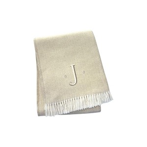 HomeRoots 55" X 70" Linen And White Herringbone Cotton Blend J Throw Blanket with Tassels And Embroidery - 1 of 4
