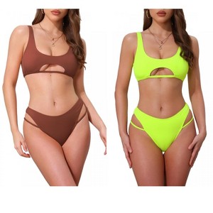 INSPIRE CHIC Women's Ribbed Scoop Neck Top Triangle Bottom Swimwear Bikini Suits 2 Sets - 1 of 4
