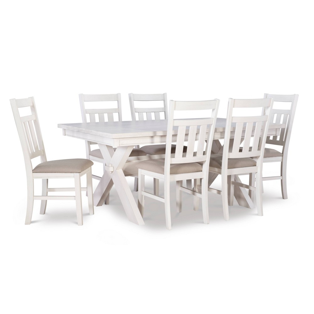 Photos - Dining Table 7pc Landon Slat Back Chairs and Large Table Dining Set White - Powell: Rub