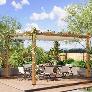10 ft ×10 ft  Aluminum Wood Outdoor Pergola with Retractable Waterproof, Reinforced Four-Sided Base,Curtain, Adjustable Roof - 1 of 4