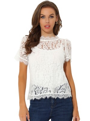 Allegra K Women's Lace Floral Scalloped Trim Short Sleeve Semi Sheer Top