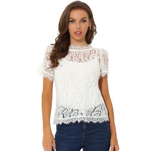 Allegra K Women's Lace Floral Scalloped Trim Short Sleeve Semi Sheer Top - 1 of 4