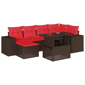 vidaXL Patio Sofa Set with Cushions Table and Couches 7 Piece Poly Rattan - Brown without storage - 1 of 4