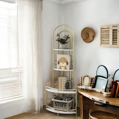 Alilang 21.85 Inch Gold Metal Corner Shelf with Arched Design and Decorative Storage-Gold and White
