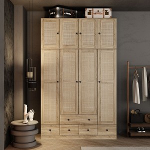 Famapy Rattan-Insert Wood Wardrobe Armoire: Multi-Zone Storage + Drawers – Spacious Organizer for Clothes - 1 of 4