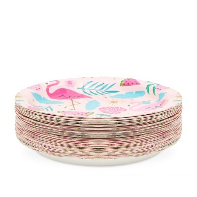 Tropical Pink Flamingo and Palm Paper Plates, 7 Inches
