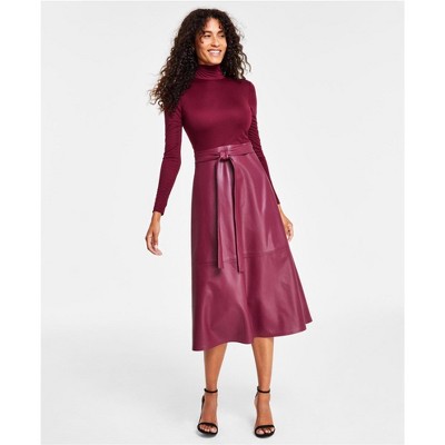 Anne Klein Womens Mixed Media Mock Neck Fit & Flare Dress