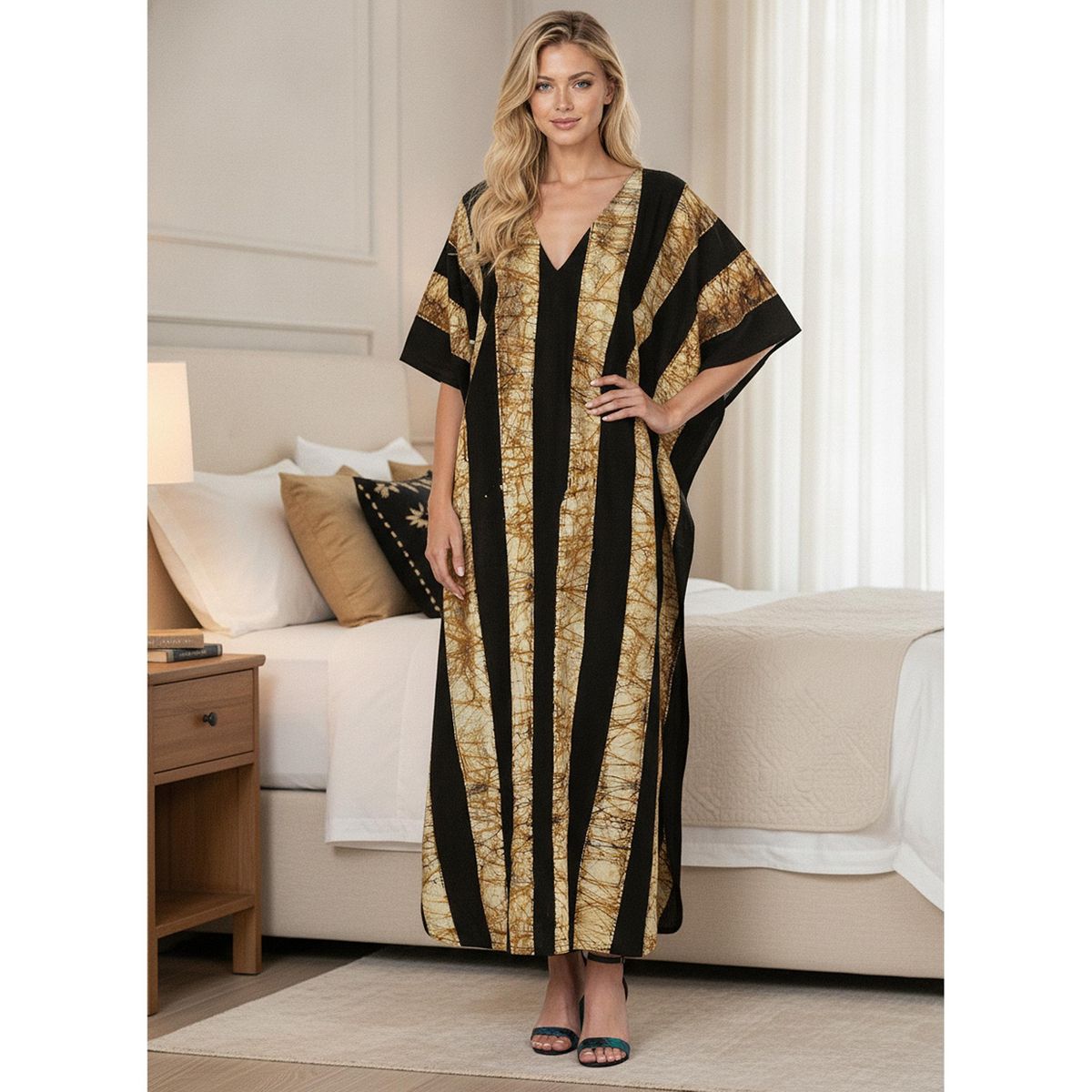 LA LEELA Summer Cotton Women Resortwear Lounge Caftan Vacation Cruise Holiday Beach Cover Up Maxi Dress 2X-3X Black Stripe - thumbnail 3