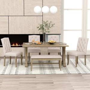 Farmhouse Dining Table Set For 6, Dining Sets 6 Piece With Rectangular Trestle Table And 4 Upholstered Chairs & Bench, Dining Set-Cuddlewood - 1 of 4