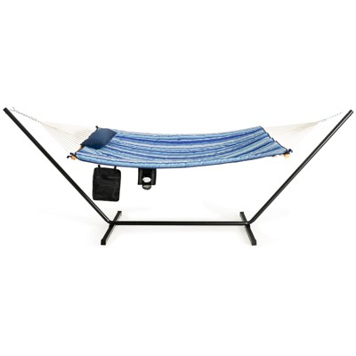 Tangkula 12Ft Hammock with Heavy-Duty Steel Stand, Woven Hammock Chair Set, Portable Hammock with Beech Wood Bar & Cotton Mat