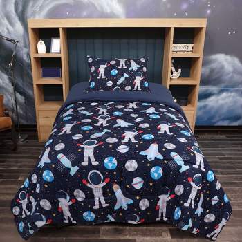 PiccoCasa Polyester Microfiber Space Astronaut Bedding Sets 4 Pcs with 1 Comforter & Pillowcase & Fitted Sheet & Flat Sheet Blue