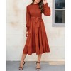 Women's Ruffle Mock Neck Long Sleeve Smocked Midi Dress Casual Elastic Waist Tiered Long Dress - 3 of 4