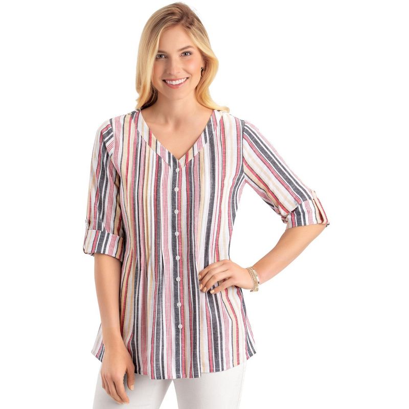 Collections Etc Stylish Multi Striped Woven Pintuck V-Neck Tunic, 3 of 5