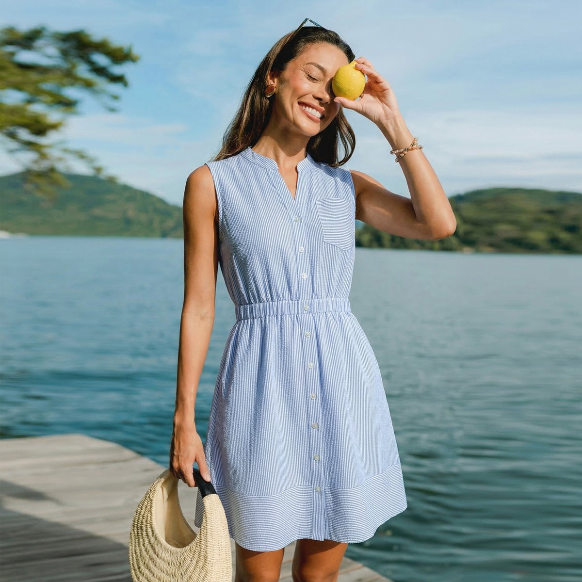 Женские платья Cupshe Women's Breezy Striped Button-Down Shirt Dress-L-Blue — фото 5
