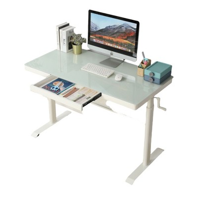 SEVOBAL Desks Tempered Glass Standing Desk with Metal Drawer, Adjustable Height Ergonomic Workstation for Study, Work, White, 50"*25"*4.5"
