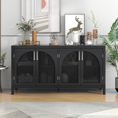 Whisen Retro Sideboard with Adjustable Shelves and Hollow-out Rattan Doors for Kitchen, Dining Room, Living Room